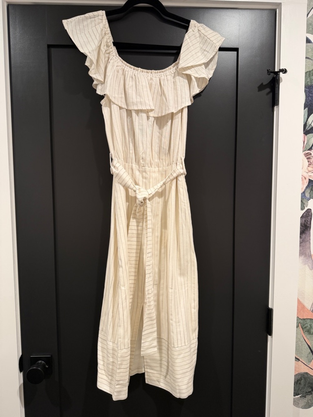 Cream Striped Ruffle Midi Dress with Waist Tie